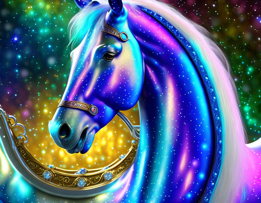 Colorful unicorn digital art with galaxy-themed mane and golden horn on cosmic background