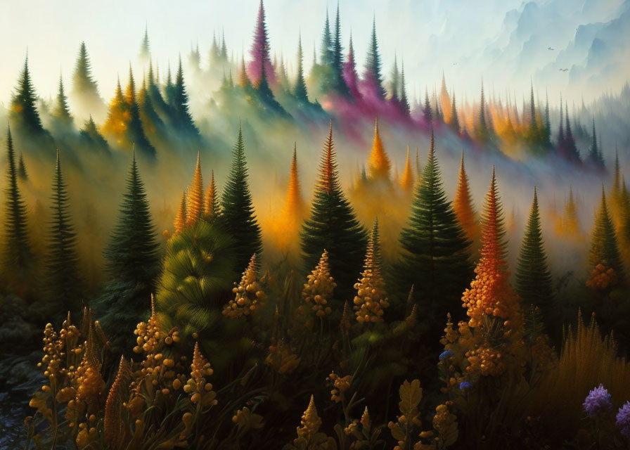 Lush Evergreens in Vibrant Forest Scene with Colorful Misty Haze