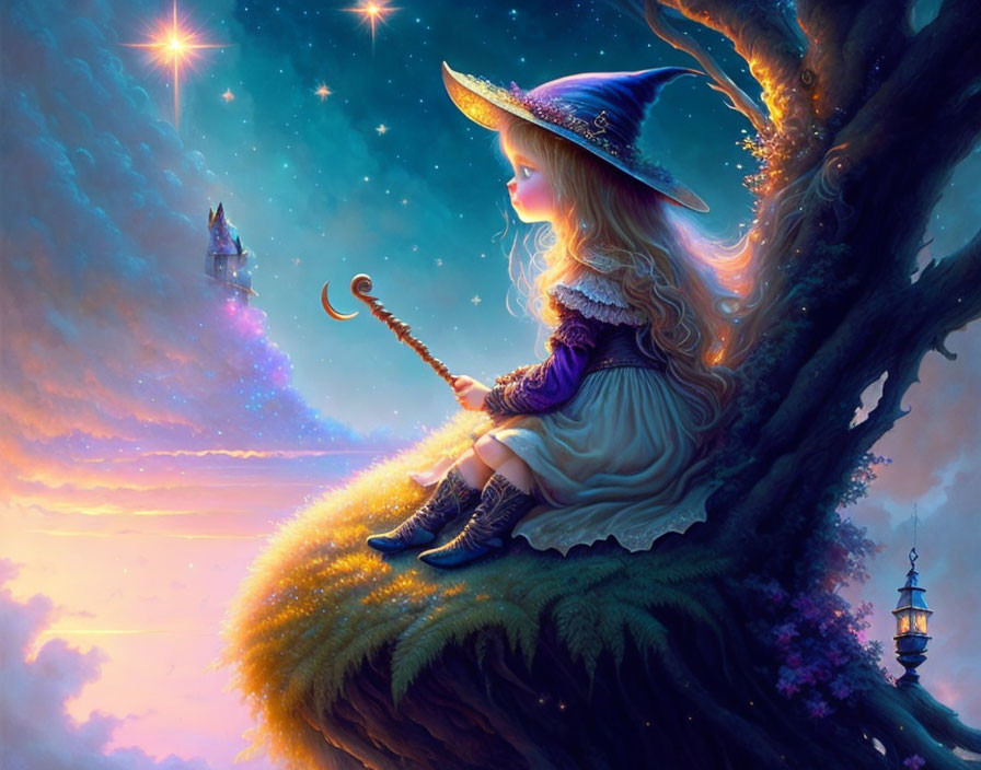 Young witch in blue hat gazes at twilight sky with stars and lanterns, sitting on mossy