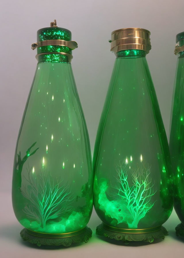 Green illuminated decorative bottles with etched tree designs and brass accents