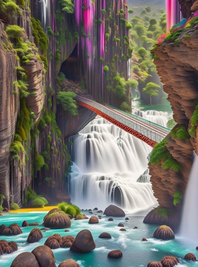 Vibrant waterfalls in fantastical landscape with turquoise river