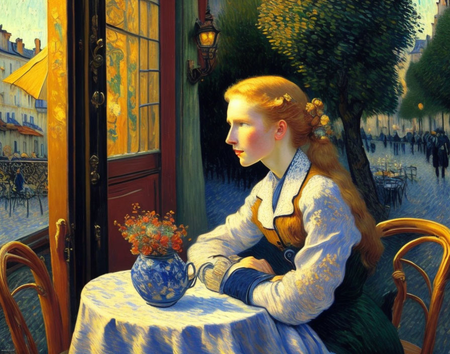 Red-Haired Woman Sitting at Cafe Table by Open Door in Warm Evening Light