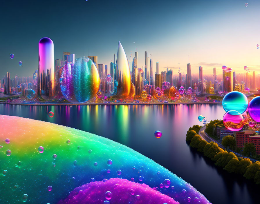 Colorful Bubble-Like Structures in Futuristic Cityscape