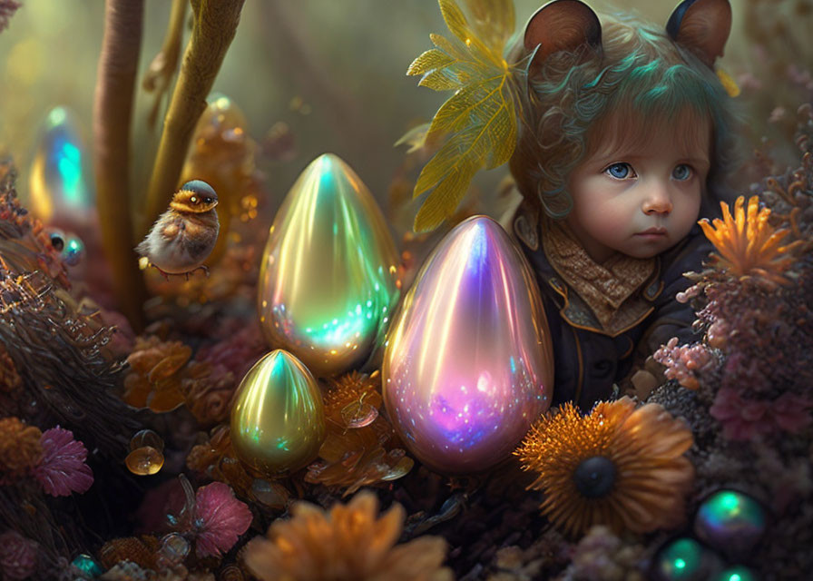 Child with Cat Ears in Magical Forest with Shimmering Eggs and Hovering Bird