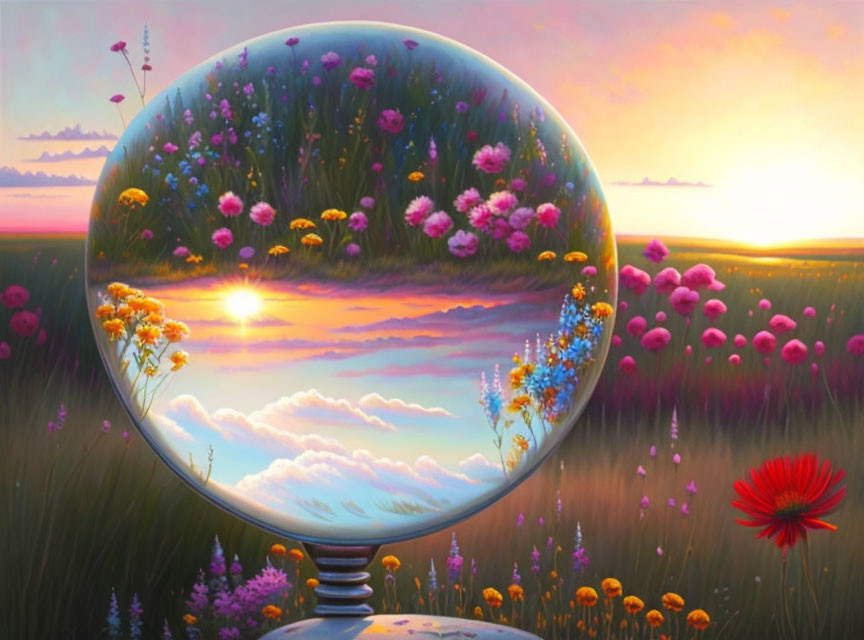 Colorful painting: crystal ball reflecting sunset over water, blooming meadow, pastel sky