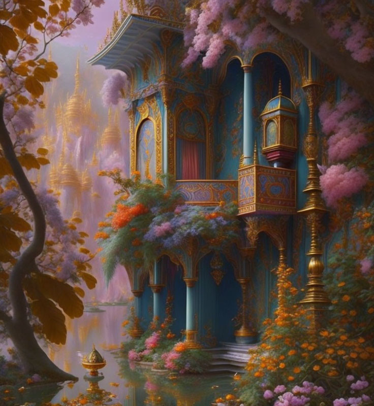 Ornate building surrounded by blooming trees and tranquil waters