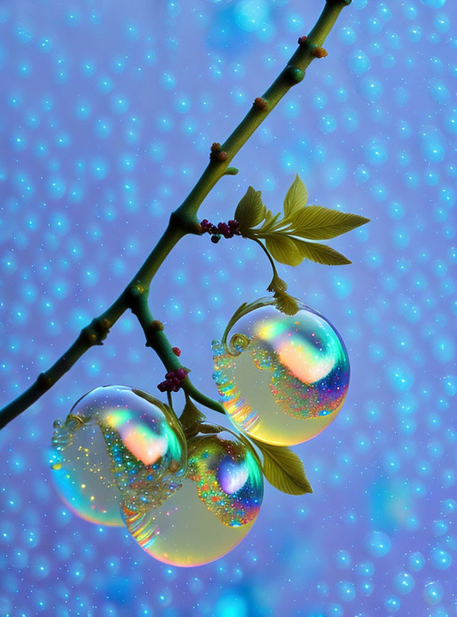 Iridescent soap bubbles on twig with young leaves against blue bokeh background