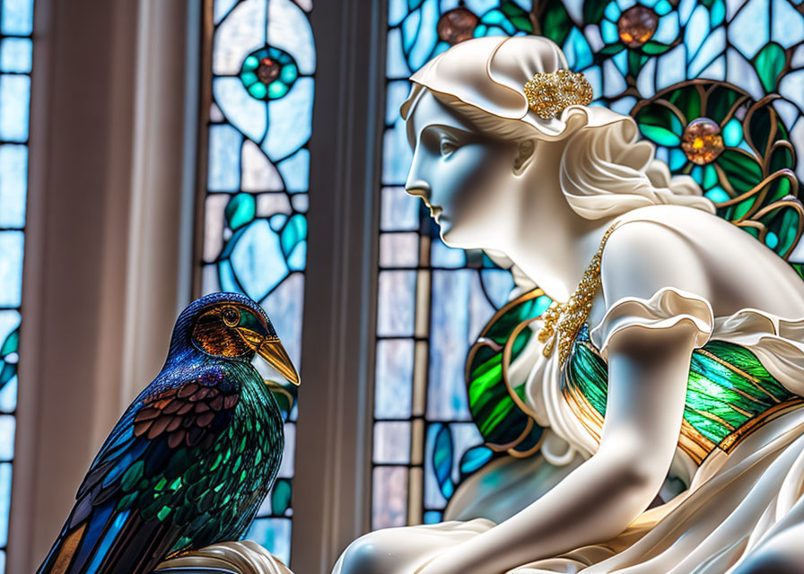 Stained glass window with luminous figure and iridescent bird.