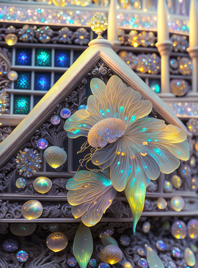 Colorful digital artwork of luminous flower structure with orbs and gemstones on geometric background