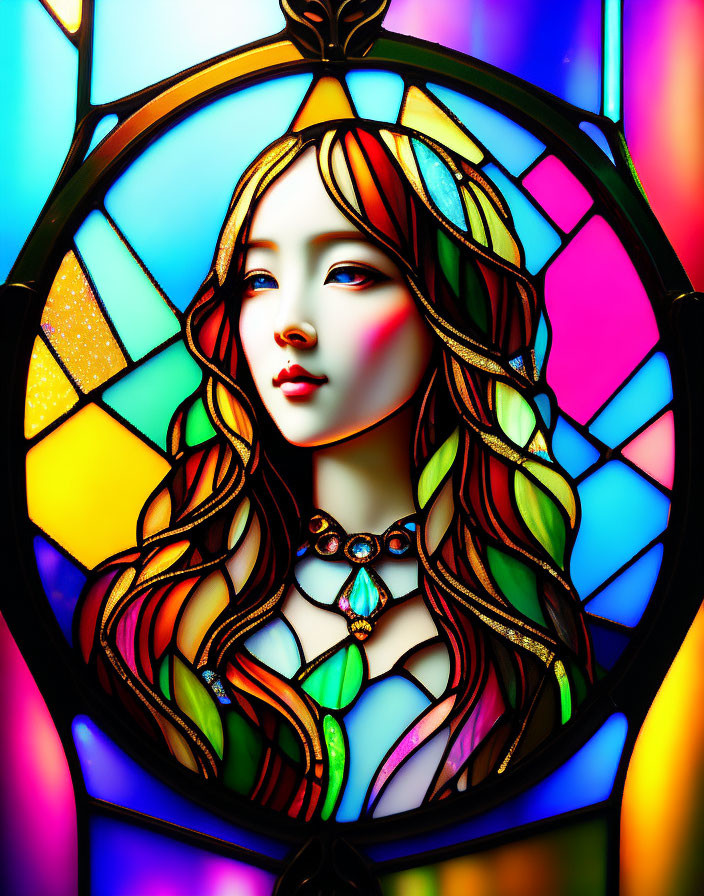 Colorful Stained Glass Window Featuring Woman Portrait