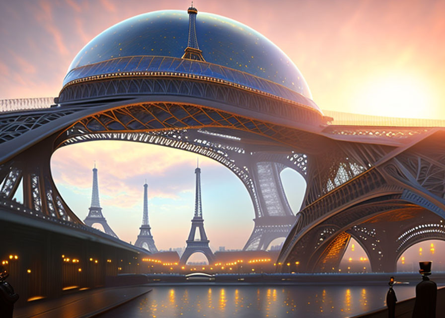 Futuristic Paris skyline with multiple Eiffel Towers and glass dome