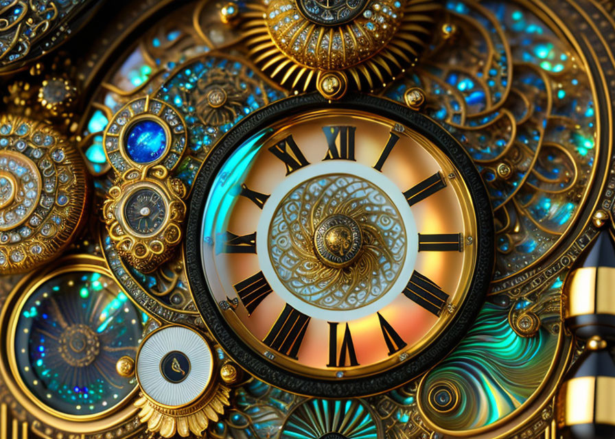 Intricate golden steampunk clock with gemstone accents