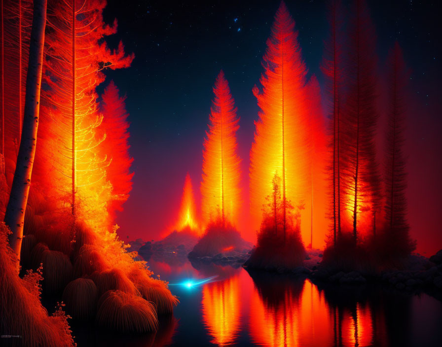 Vivid digital art of fiery red forest, blue light river, starry night sky