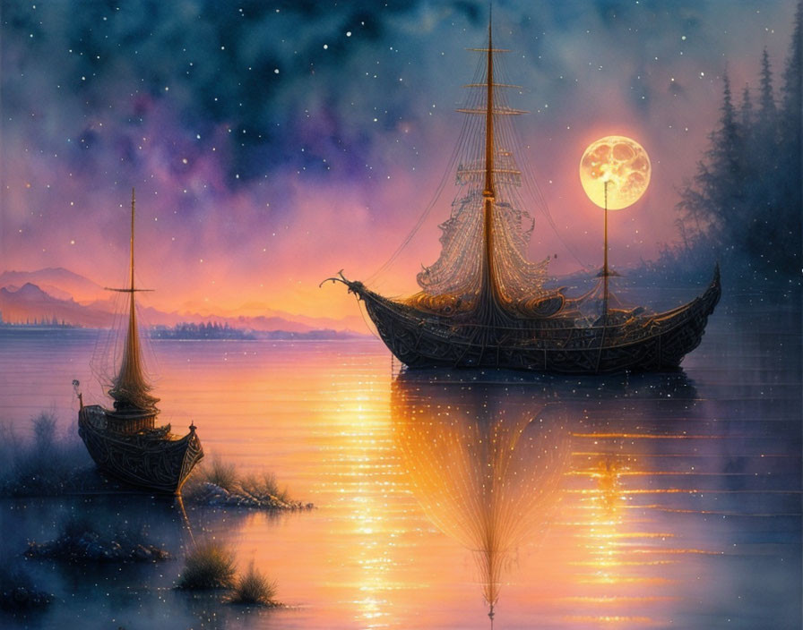 Ornate golden ships on calm waters under starry sky