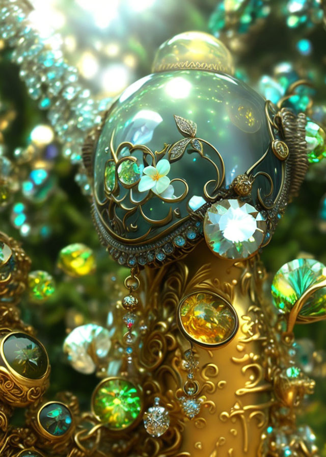 Intricate golden jewelry with gemstones and floral pendant on bokeh background