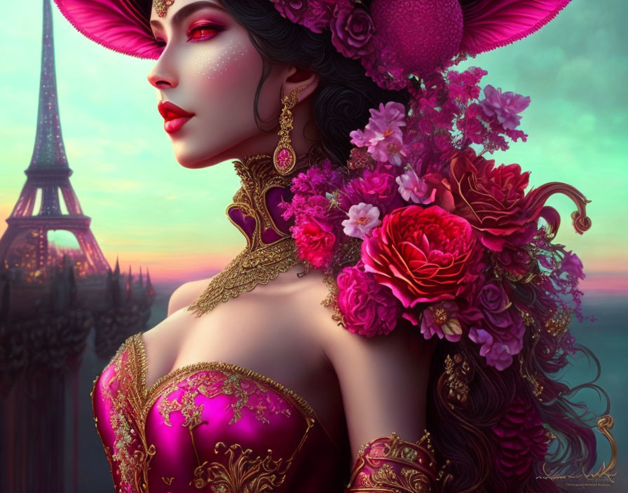 Digital artwork: Woman with floral headdress, ornate gown, makeup, twilight backdrop.