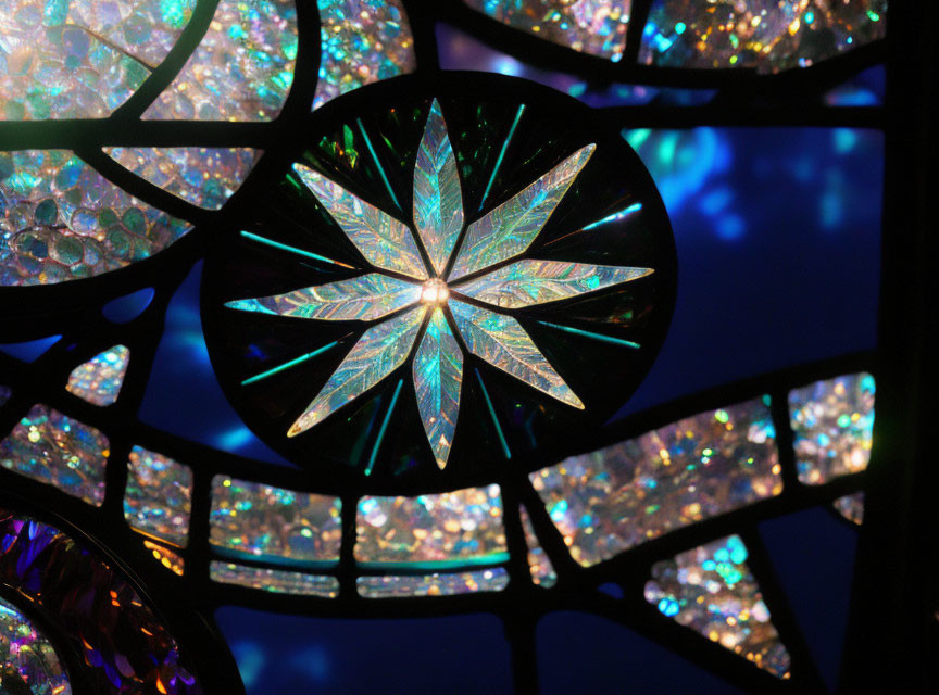 Star-like Pattern Stained Glass Window with Blue and Iridescent Pieces