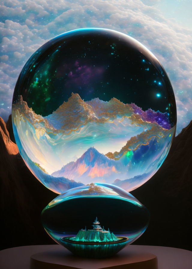 Glass orbs reflecting cosmic landscape with mountains and ship