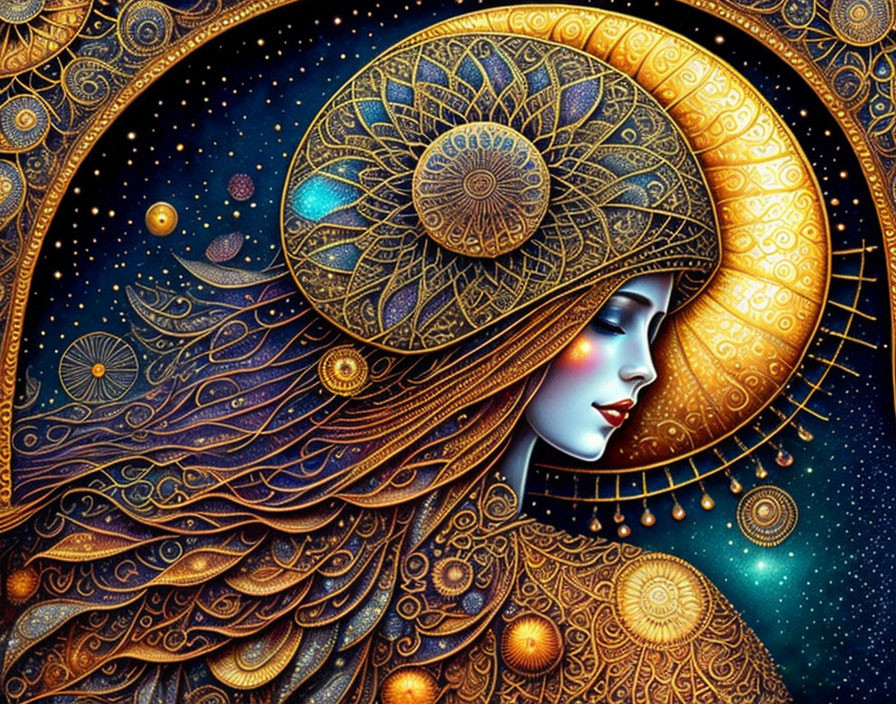 Stylized woman illustration with golden patterns and cosmic background