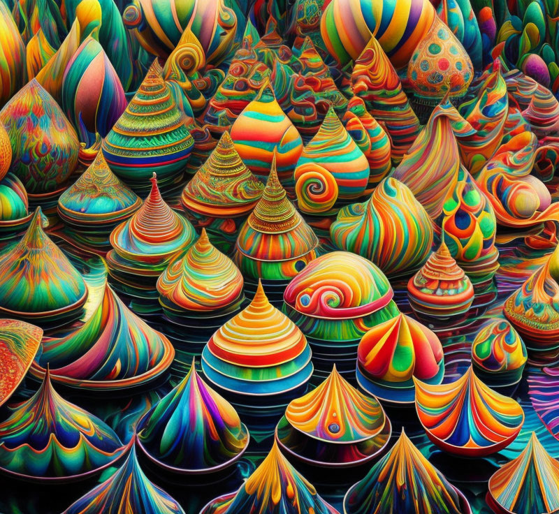 Multicolored psychedelic swirl-patterned shapes in surreal 3D landscape