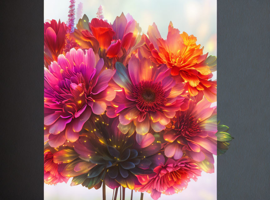 Colorful Digital Flowers with Glowing Effect on Grey Background