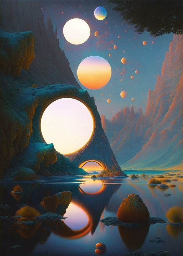 Surreal landscape: multiple moons, archways, reflective water, floating orbs