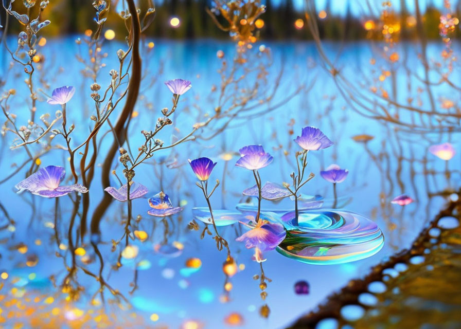 Vibrant blue flowers and delicate branches reflected in water with golden lights