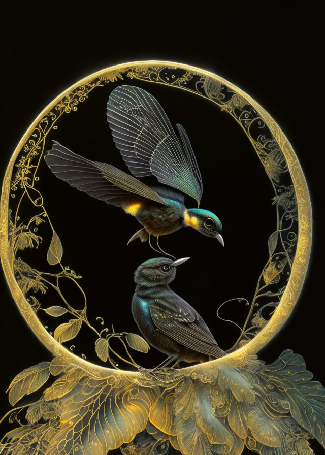 Stylized birds with intricate feathers in golden circle on black background