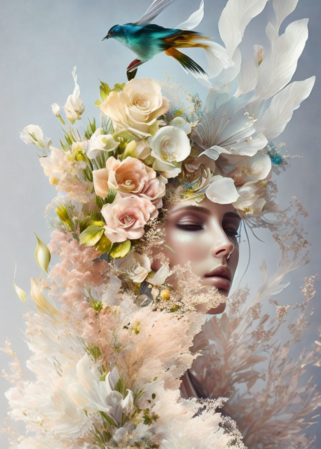 Serene woman with floral headpiece and bird on grey background