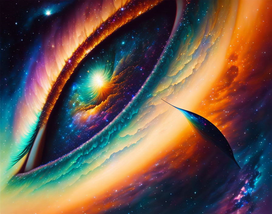 Cosmic galaxy, ethereal eye, and feather blend in vibrant digital artwork