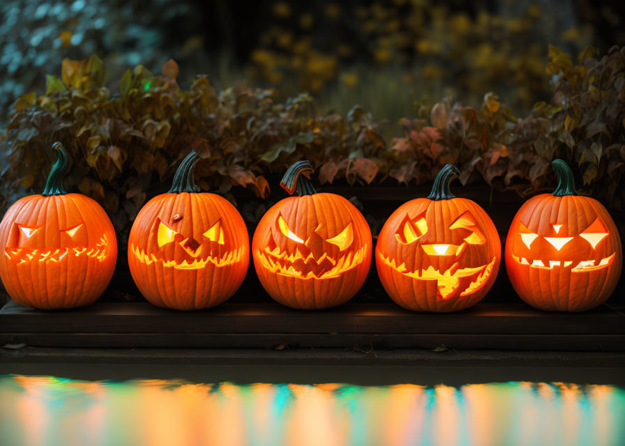 Five glowing carved pumpkins on autumn night backdrop