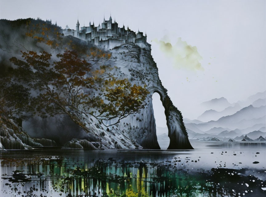 Fantasy landscape painting: castle on cliff, archway over water