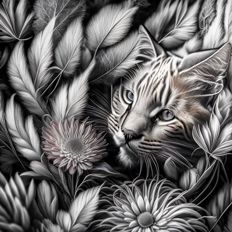 Monochrome cat surrounded by intricate leaf and flower patterns