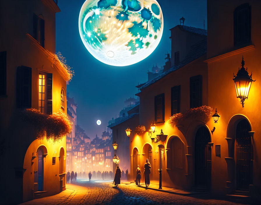 Detailed nightscape with oversized moon over lamp-lit street.