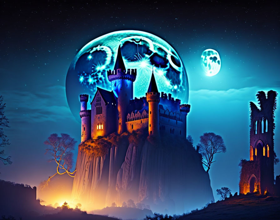 Castle on Cliff with Vibrant Moonlit Night Sky