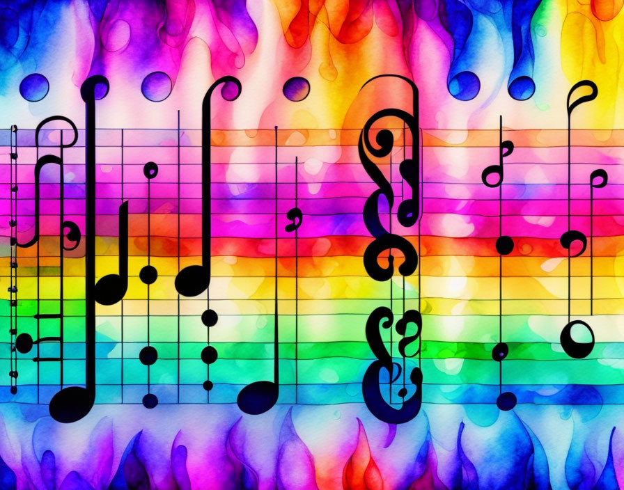 Colorful abstract watercolor background with black musical notes and clefs.