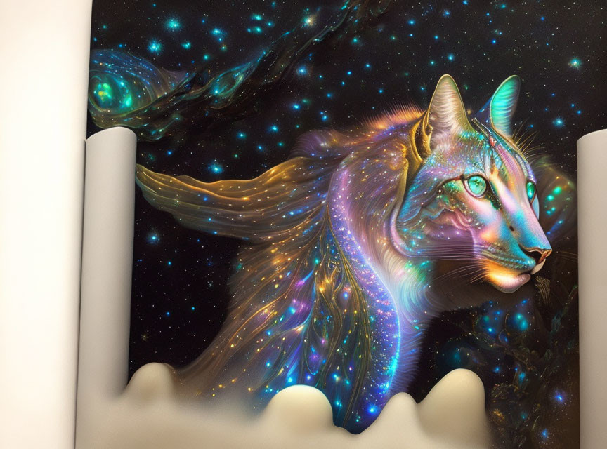 Surreal cosmic cat blending into galaxy background framed by curtains