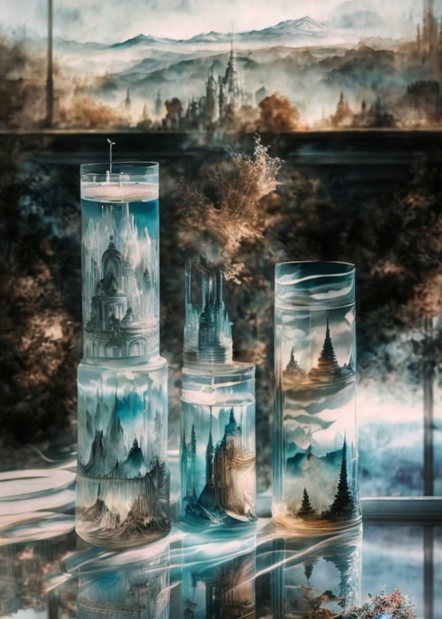 Intricate landscapes in cylindrical glass containers submerged in cloudy liquid