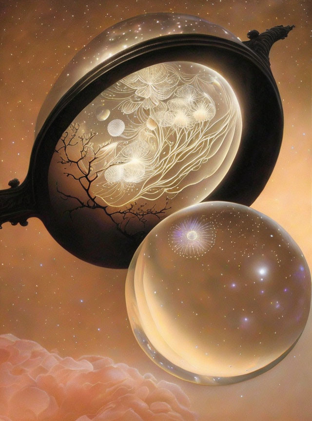 Surreal painting with cosmic spheres and starry backdrop