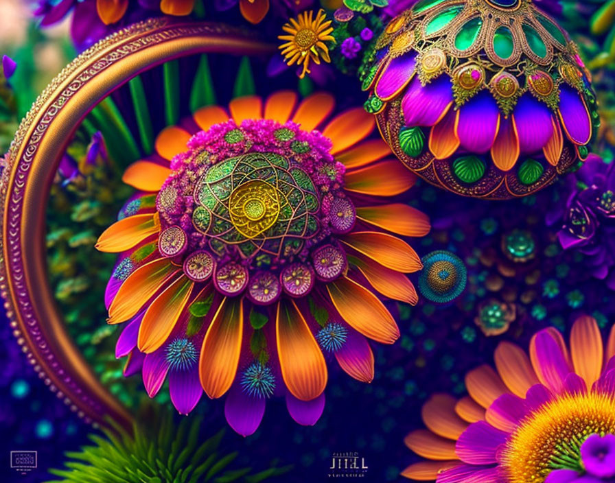 Colorful digital artwork: Stylized flower with intricate patterns in purple, orange, and green.