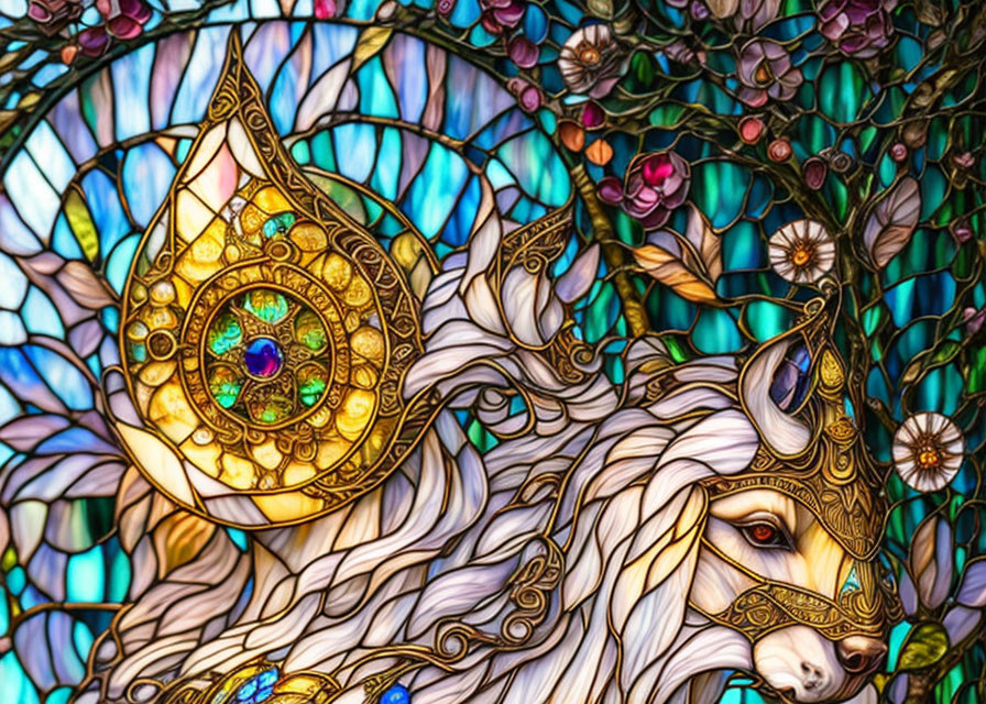 Majestic white cat in stained glass art style