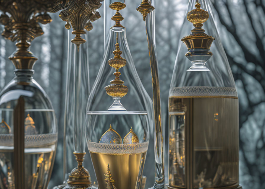 Glass Perfume Bottles with Golden Details on Winter Forest Background