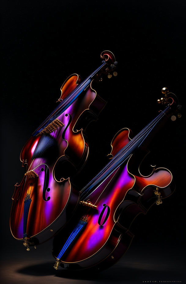 Glossy Finish Violins Illuminated with Colorful Lighting