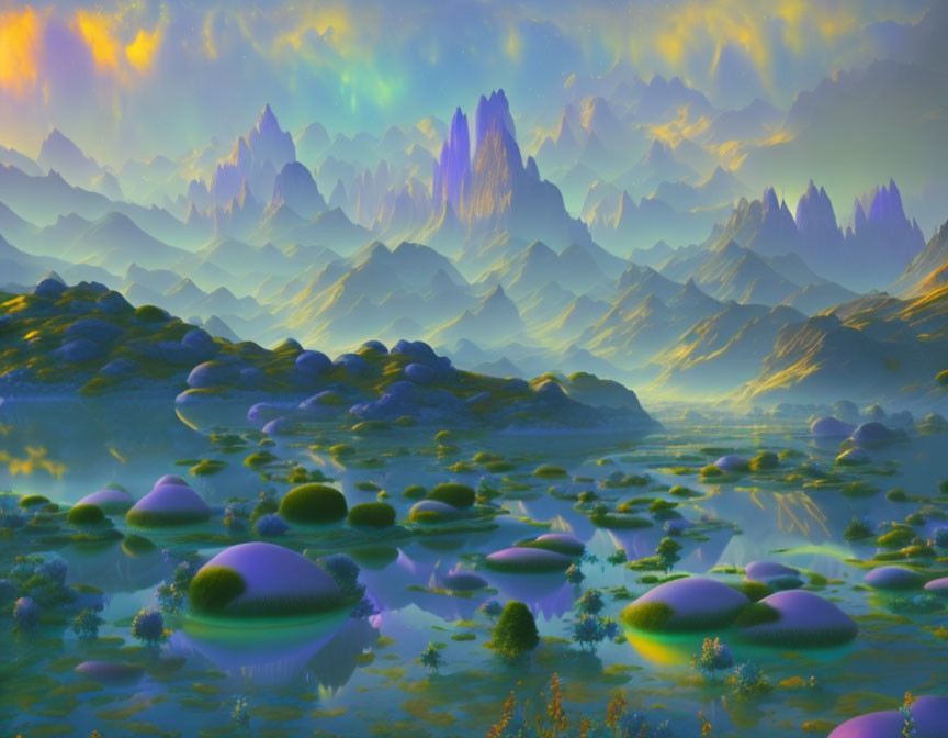 Fantasy landscape with rolling hills, reflective waters, purple mountains, and colorful sky