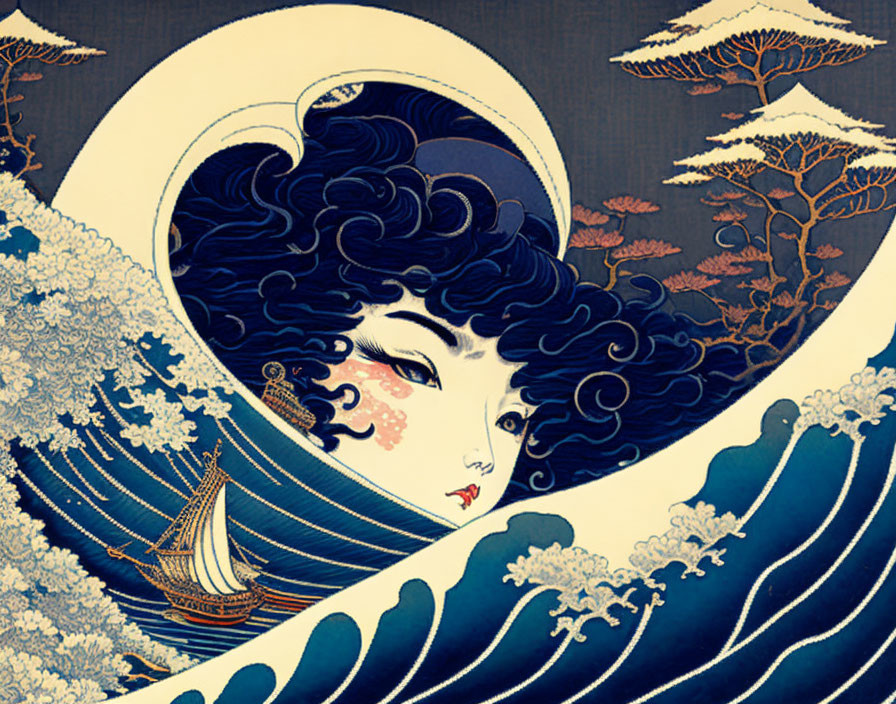 Stylized illustration of woman's face merged with waves in rich blue tones