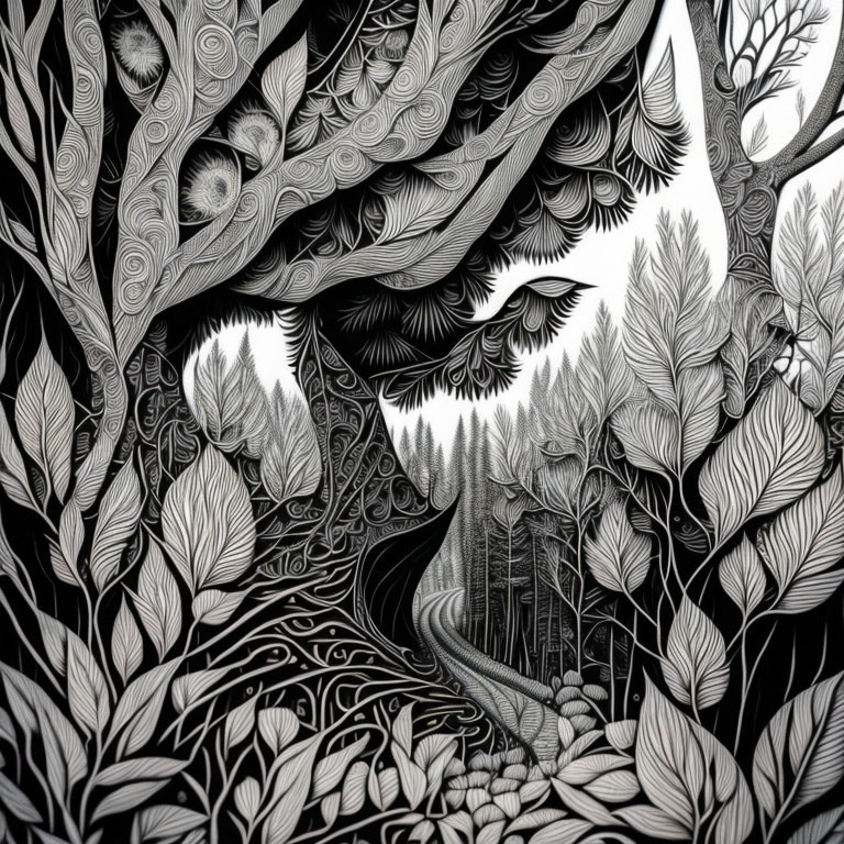 Monochromatic forest illustration with intricate patterns