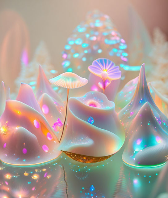 Bioluminescent mushrooms and plants in serene dreamlike landscape