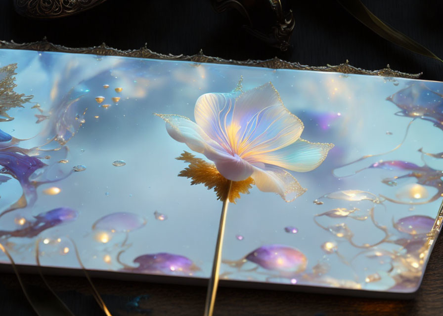 Delicate blue flower with luminescent petals on reflective surface