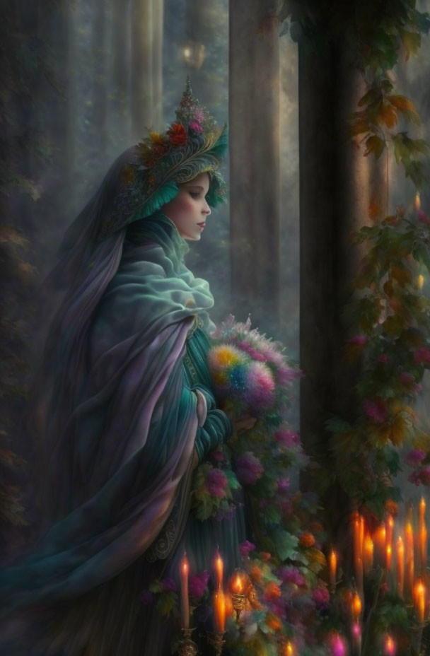 Regal woman in forest with floral headdress and candlelit flowers