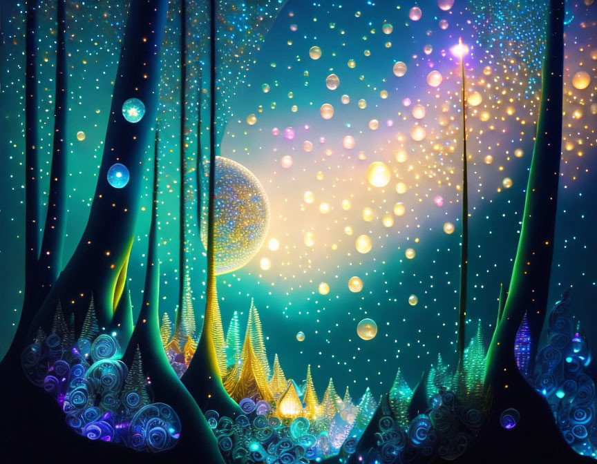 Enchanted forest glade with glowing trees and celestial body